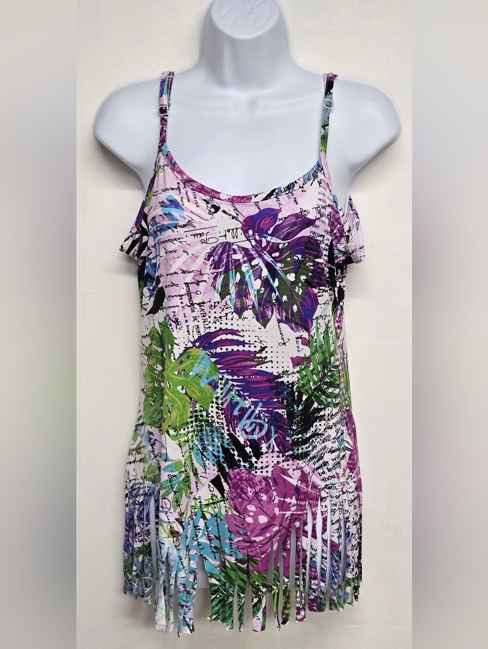 Love XL Top Spaghetti Straps Fringe Stretch Colorful Fashion Cami Tank
